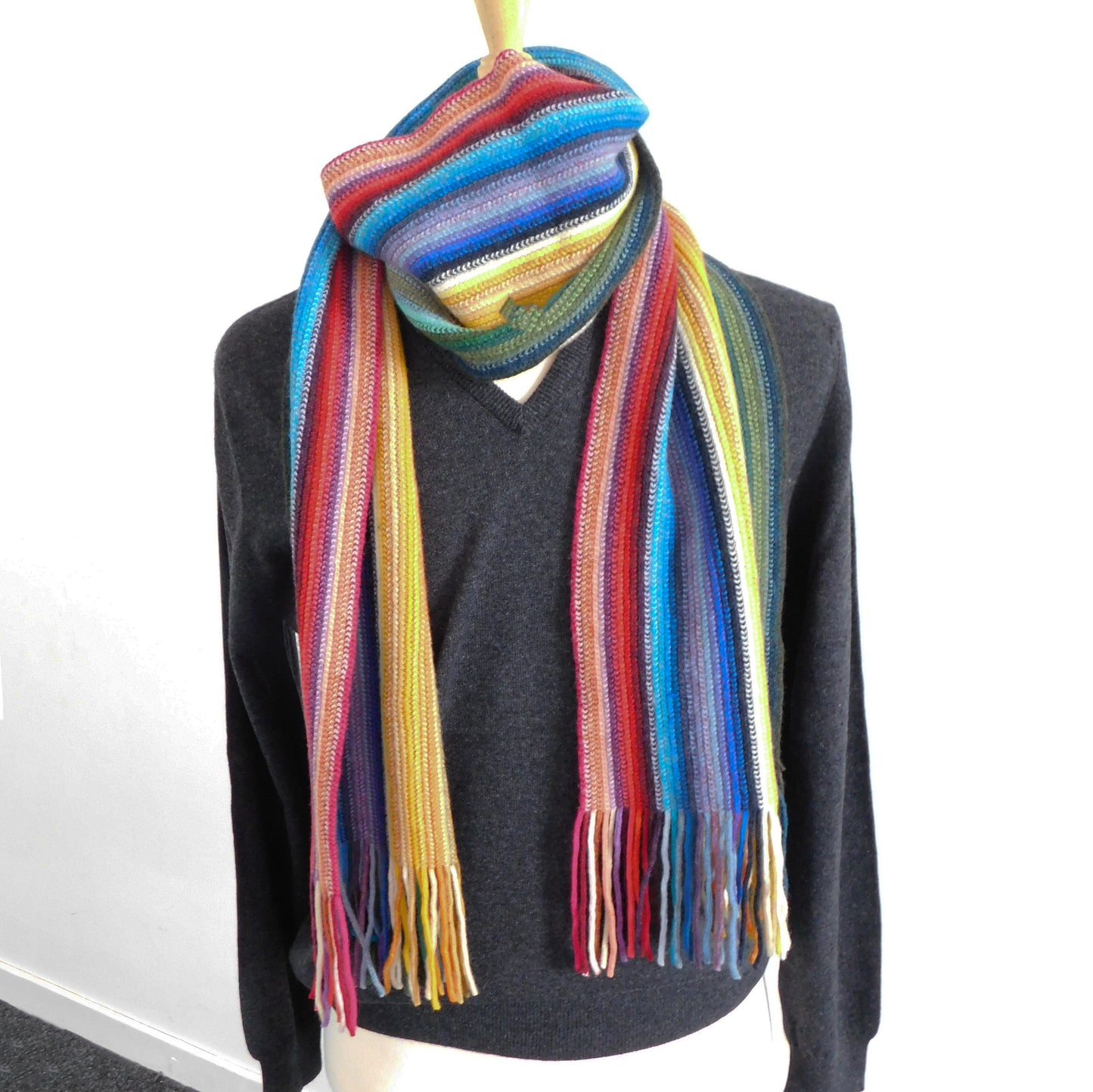 Stripe Scarf, Lambswool Multi-Coloured stripe - Warpknitted in Hawick, Scotland