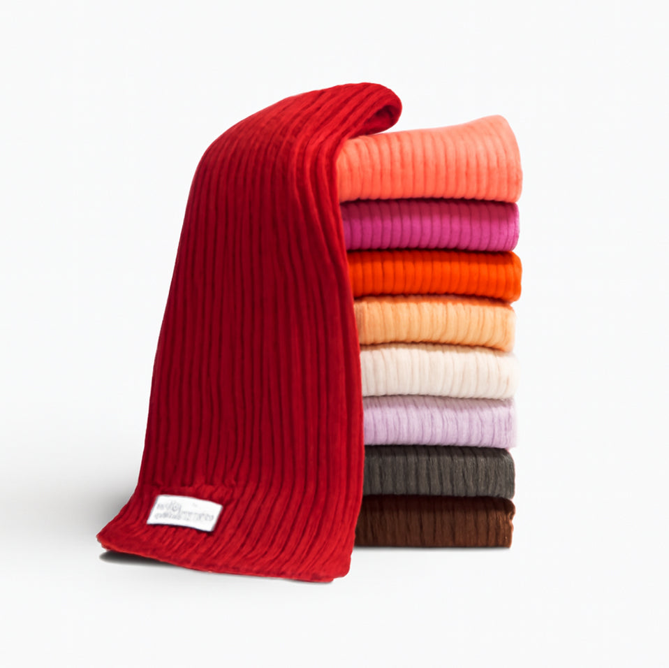 Pure Cashmere Ribbed Knit Scarf — Unisex | Handcrafted in Hawick | Reds, Pinks, Lilacs and Oranges