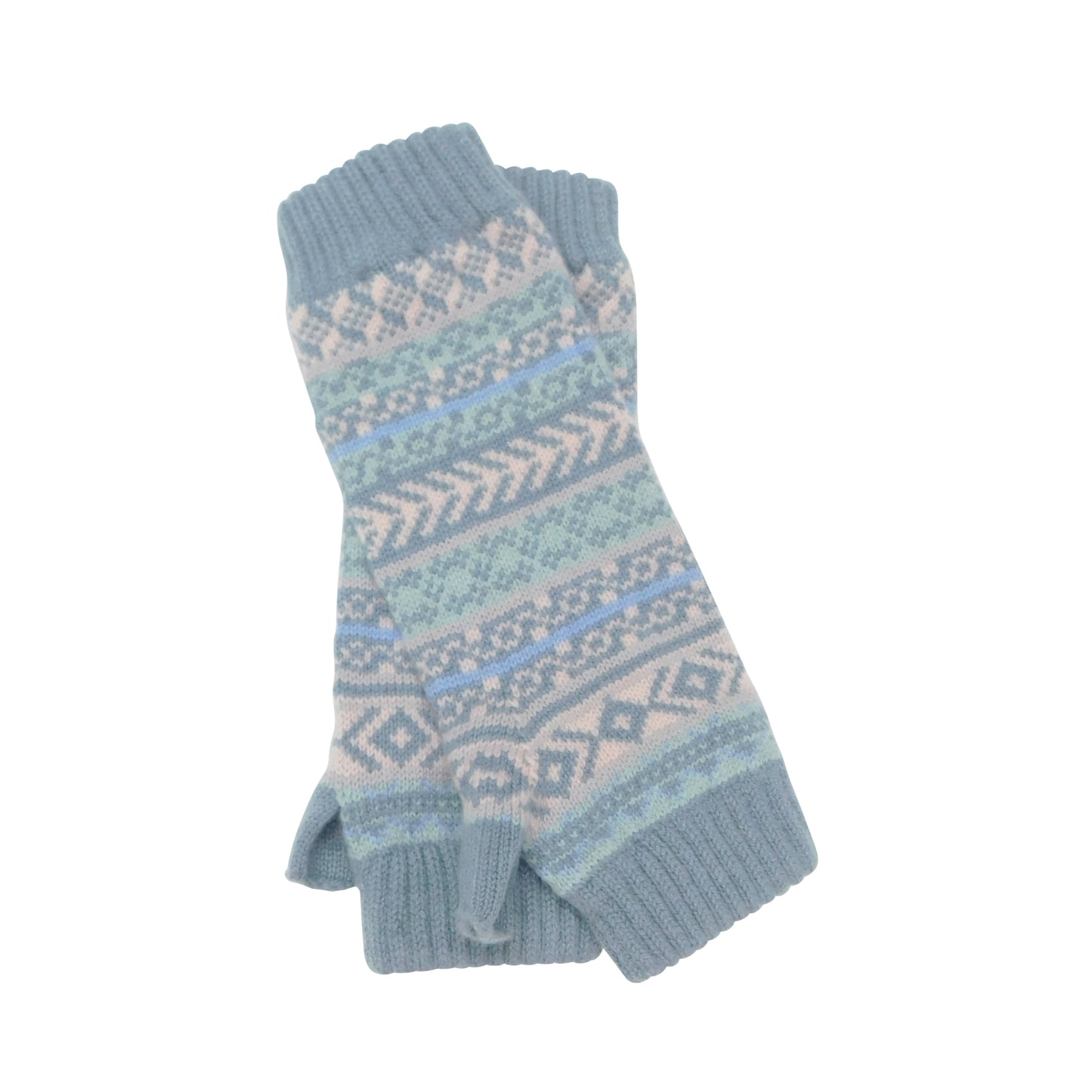 Ladies Fair Isle Cashmere Wristwarmers — Pale Blue/Mint | Keystone Thumb | Handcrafted in Hawick (One Size)