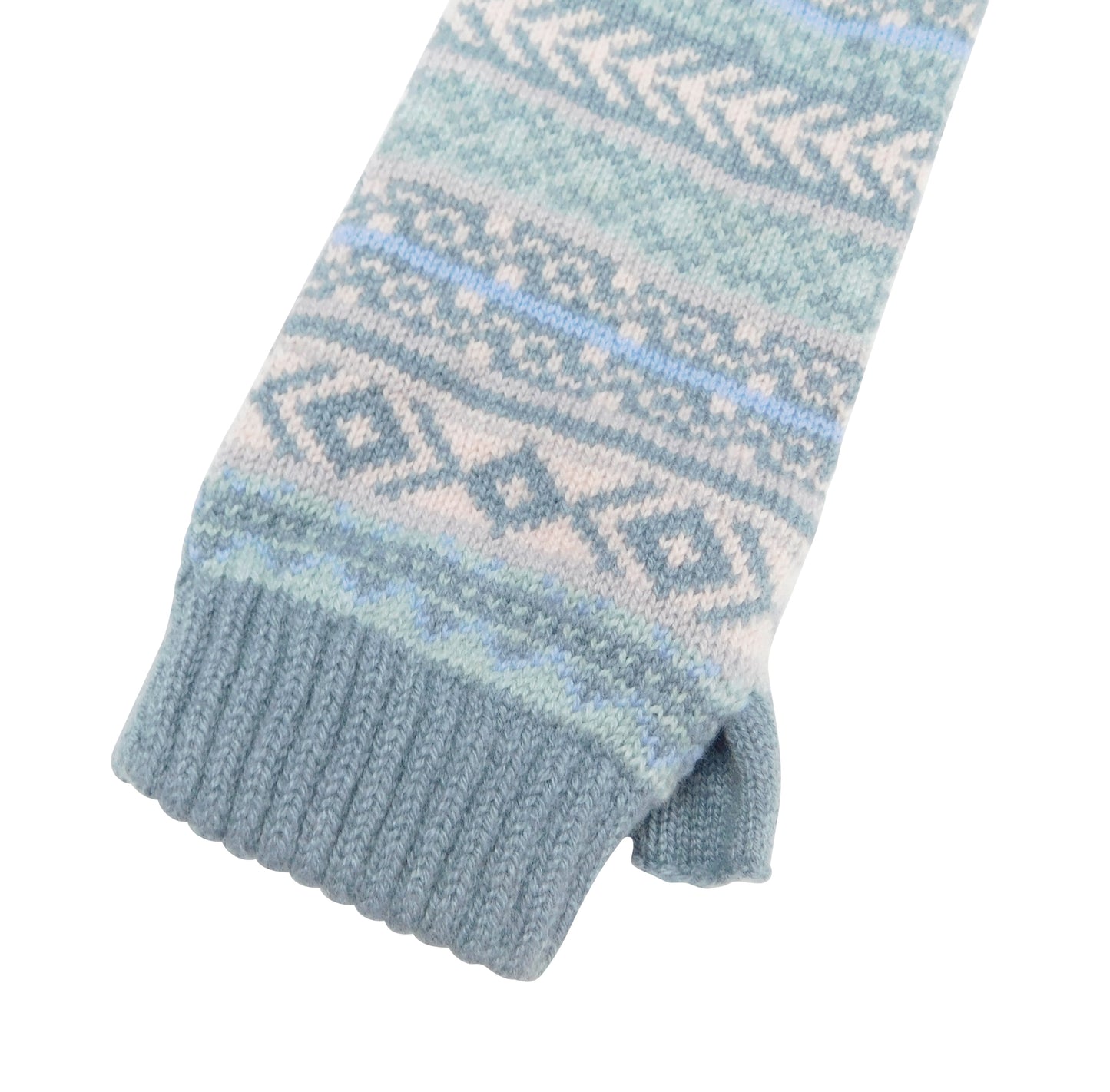 Ladies Fair Isle Cashmere Wristwarmers — Pale Blue/Mint | Keystone Thumb | Handcrafted in Hawick (One Size)