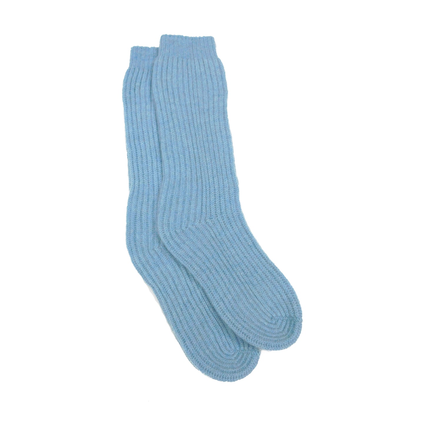 Pair of light blue cashmere socks on a white background