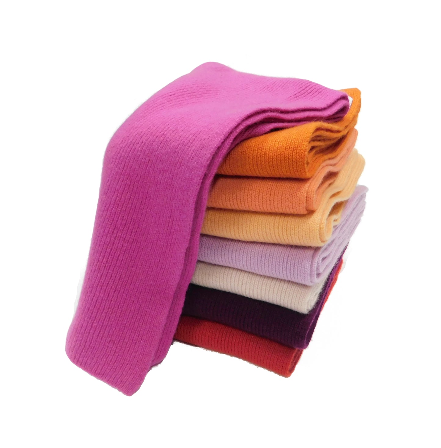 Pure Cashmere Scarf with a narrow rib - Reds, Pinks, Lilacs and Oranges - Handcrafted in Hawick, Scotland