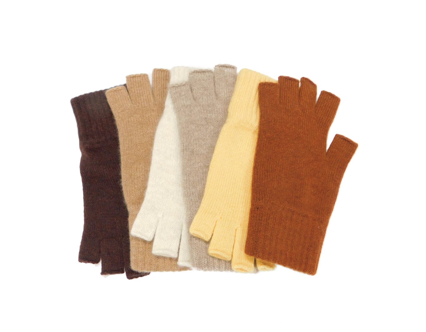 Range of fingerless gloves in shades of brown and yellow