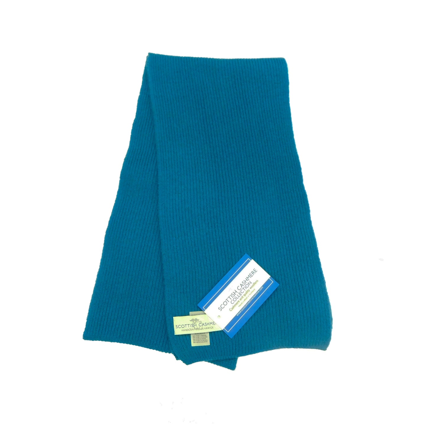 Pure Cashmere Scarf with a narrow rib - Black, Greys, Blues and Yellow Shades - Handknitted by us in Hawick, Scotland