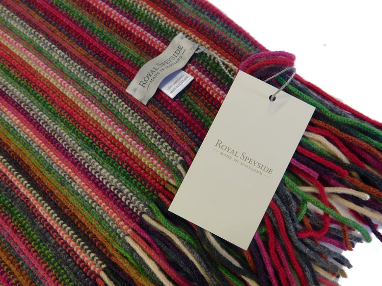 Écharpe à rayures, rayures multicolores en laine d'agneau - Tricoté chaîne à Hawick, en Écosse