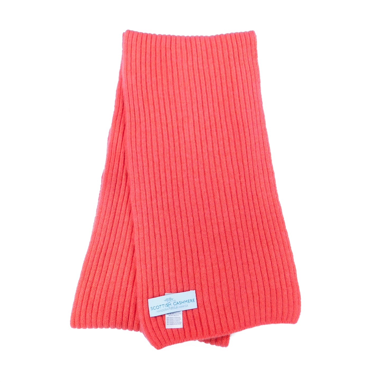 Pure Cashmere Ribbed Knit Scarf — Unisex | Handcrafted in Hawick | Reds, Pinks, Lilacs and Oranges