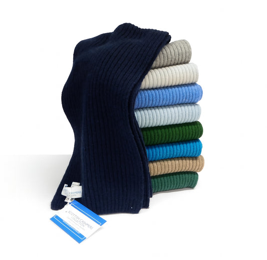 Pure Cashmere Ribbed Knit Scarf — Unisex | Handcrafted in Hawick | Greys, Blues and Greens