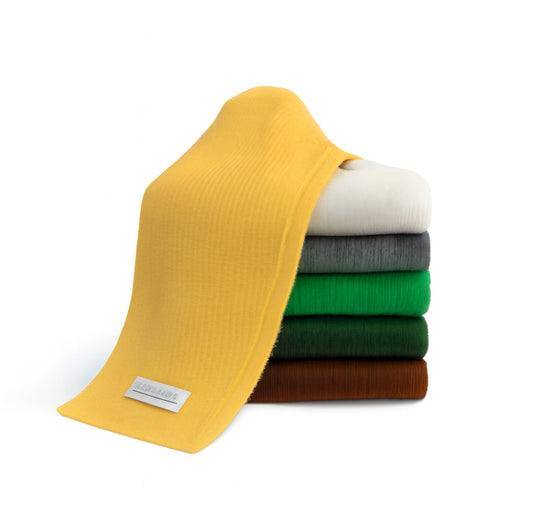 Pure Cashmere Narrow Rib Scarf — Unisex | Handcrafted in Hawick | Greens, Browns, Yellows and Neutrals