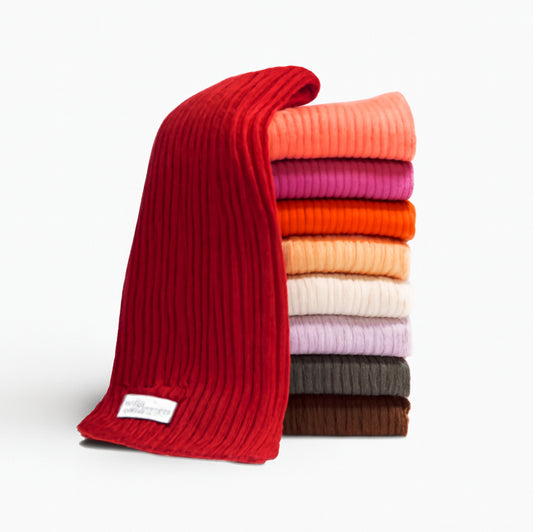Pure Cashmere Ribbed Knit Scarf — Unisex | Handcrafted in Hawick | Reds, Pinks, Lilacs and Oranges