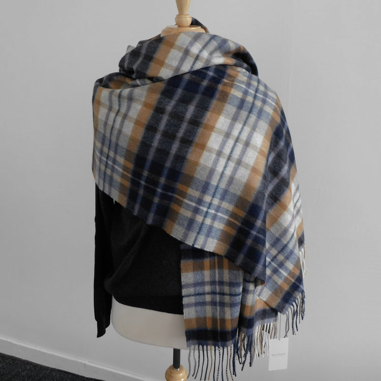 Pure Cashmere Shawl / Stole in a Navy/Grey/Camel Check - The ultimate in luxury - Woven for us in the Scottish Highlands