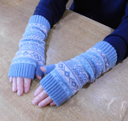Ladies Fair Isle Cashmere Wristwarmers — Pale Blue/Mint | Keystone Thumb | Handcrafted in Hawick (One Size)