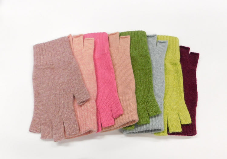 Ladies Pure Cashmere Fingerless Gloves - Reds, Pinks and Greens - Handcrafted in Hawick, Scotland