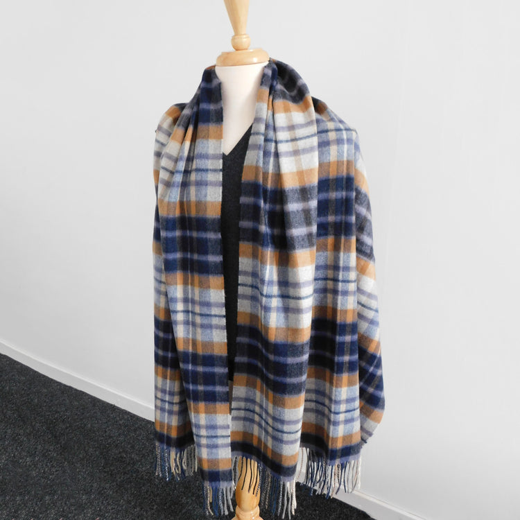 Pure Cashmere Shawl / Stole in a Navy/Grey/Camel Check - The ultimate in luxury - Woven for us in the Scottish Highlands