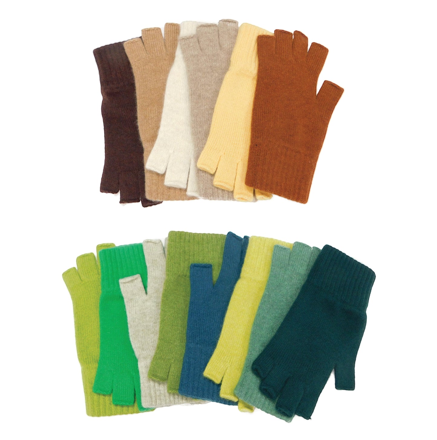 Scottish Cashmere Collection fingerless gloves in various earthy and vibrant colours with ribbed cuffs.