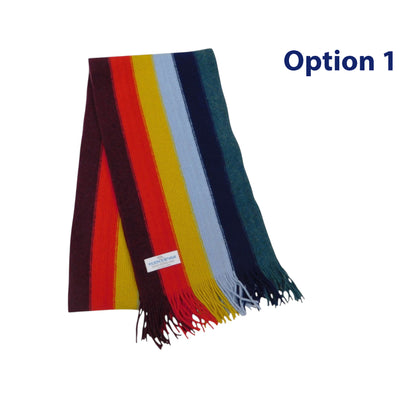 Lambswool Multi- Coloured Wide Striped Scarf — Hand-Crafted in Hawick | Warp-Knitted