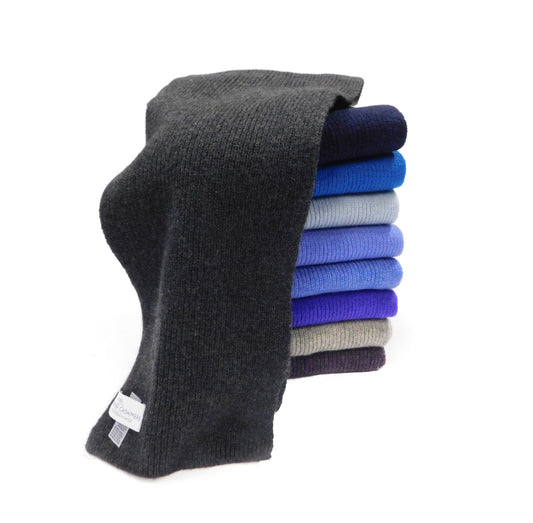 Pure Cashmere Scarf with a narrow rib  - Black, Greys, Blues and Yellow Shades - Handknitted by us in Hawick, Scotland