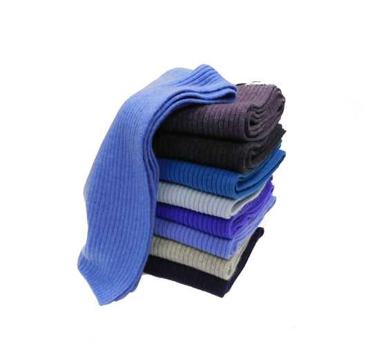 Pure Cashmere Ribbed Scarf - Blues, Greys and Purples - Handknitted by us in Hawick, Scotland