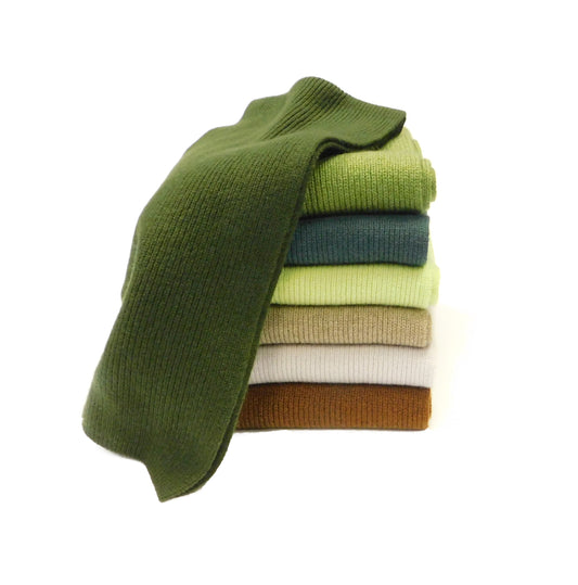 Pure Cashmere Scarf with a narrow rib - Greens, Browns and Neutrals -  Handcrafted in Hawick, Scotland