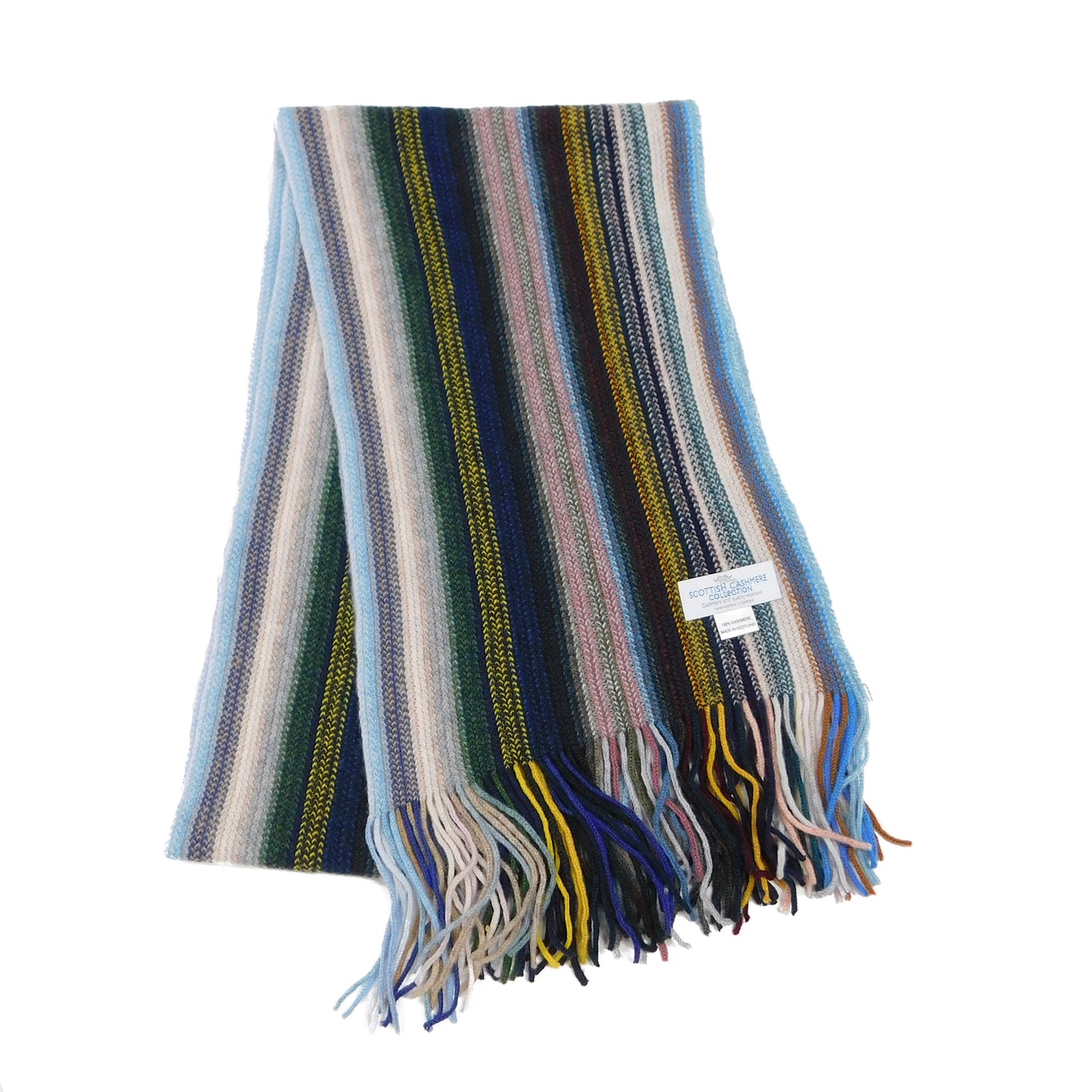 Cashmere striped scarf with fringes on a white background