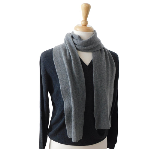 Pure Cashmere Scarf with a narrow rib  - Black, Greys, Blues and Yellow Shades - Handknitted by us in Hawick, Scotland