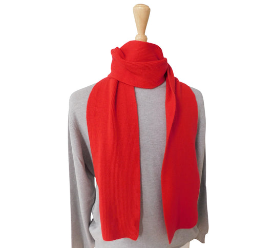 Pure Cashmere Scarf with a narrow rib - Reds, Pinks and Oranges -  Handcrafted in Hawick, Scotland