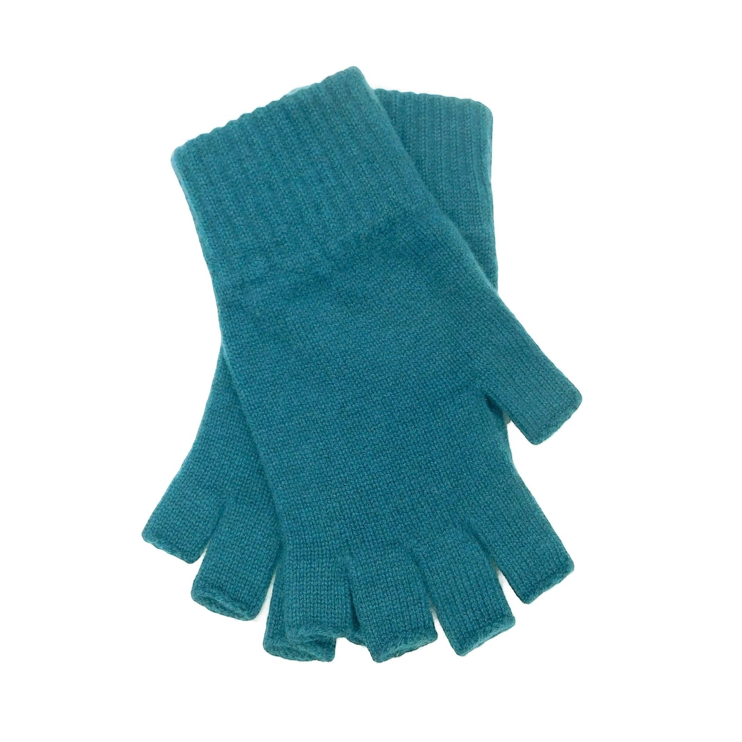 Scottish Cashmere Collection teal fingerless gloves in pure cashmere with a ribbed cuff, handcrafted in Scotland.