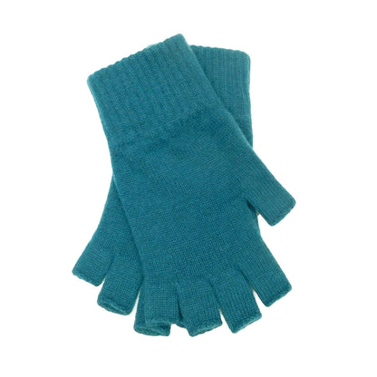 Scottish Cashmere Collection teal fingerless gloves in pure cashmere with a ribbed cuff, handcrafted in Scotland.