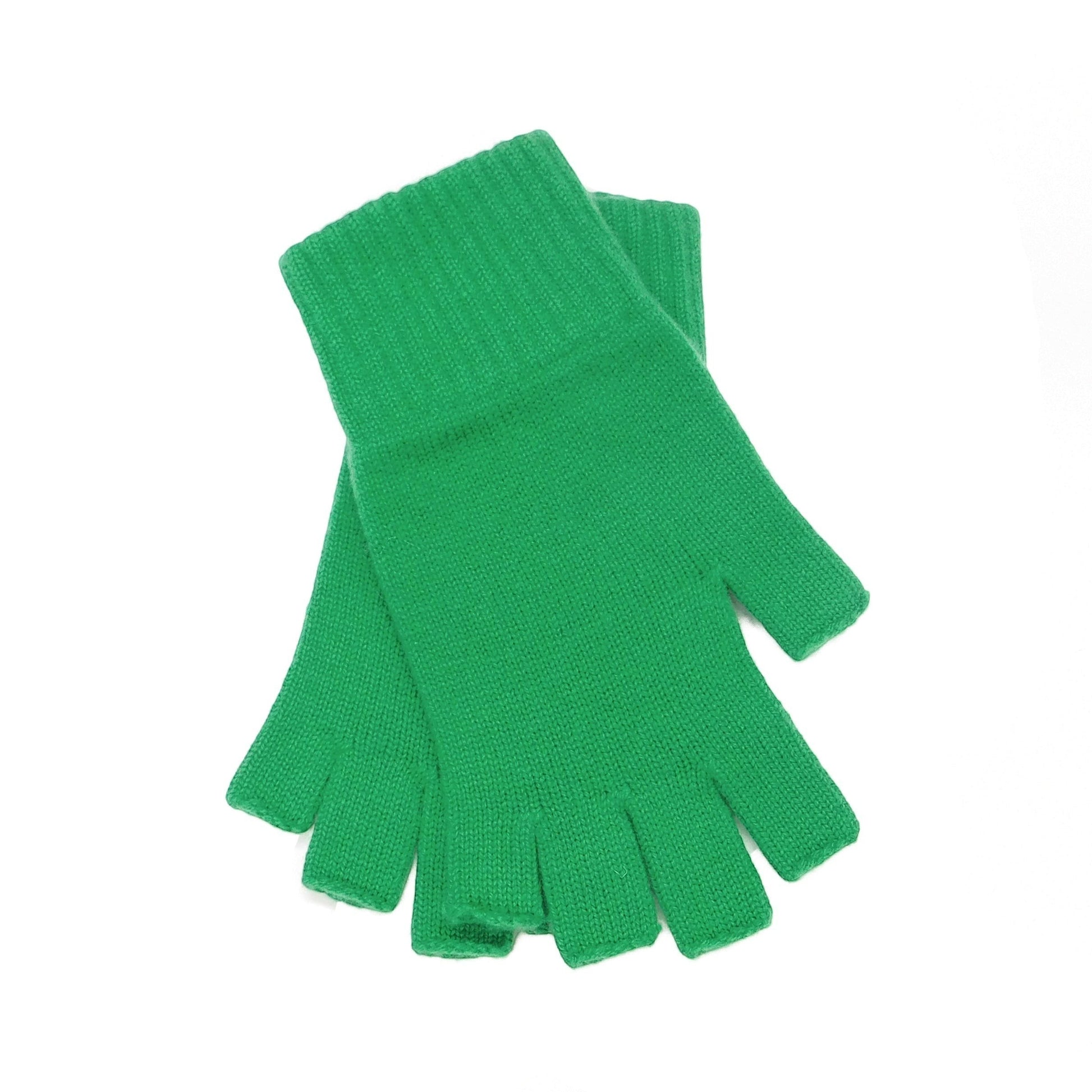 Scottish Cashmere Collection bright green fingerless gloves in pure cashmere with a ribbed cuff, handcrafted in Scotland