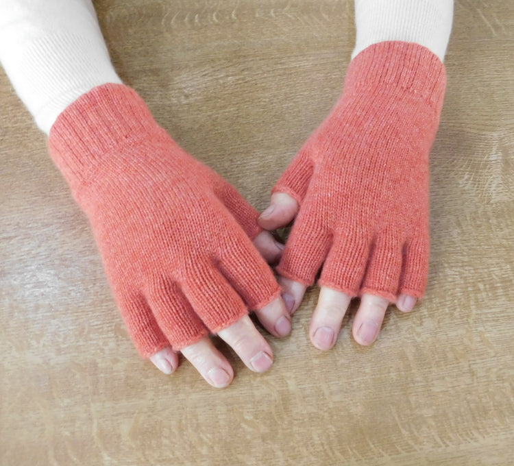 Ladies Pure Cashmere Fingerless Gloves with Keystone Thumb  - Reds, Oranges, and Neutrals - Handcrafted in Hawick, Scotland