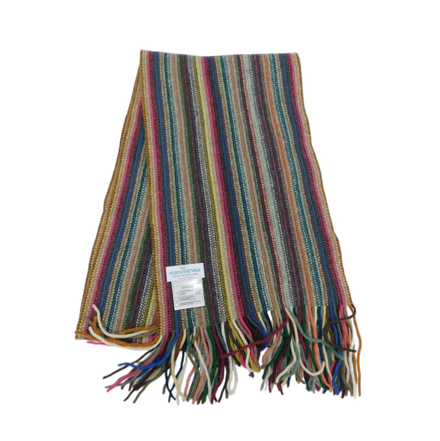 A multicolor striped woven scarf with fringe ends and a small product tag attached, photographed on a plain white background.