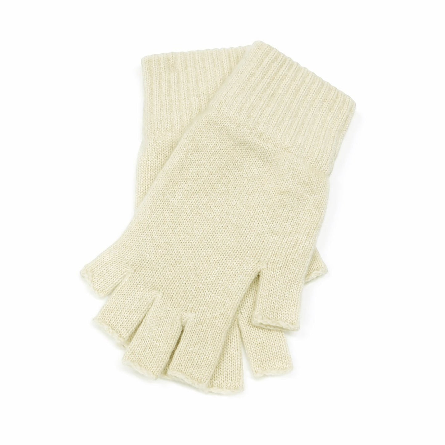 Scottish Cashmere Collection ladies cream fingerless gloves in pure cashmere with a ribbed cuff, handcrafted in Scotland