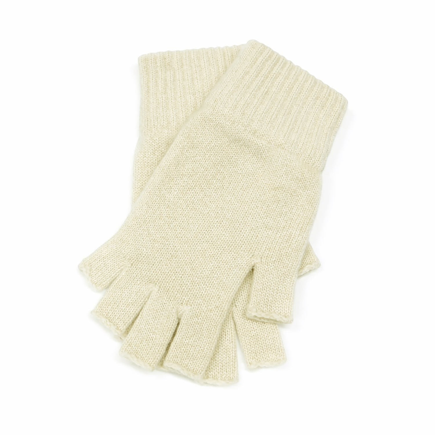 Scottish Cashmere Collection ladies cream fingerless gloves in pure cashmere with a ribbed cuff, handcrafted in Scotland