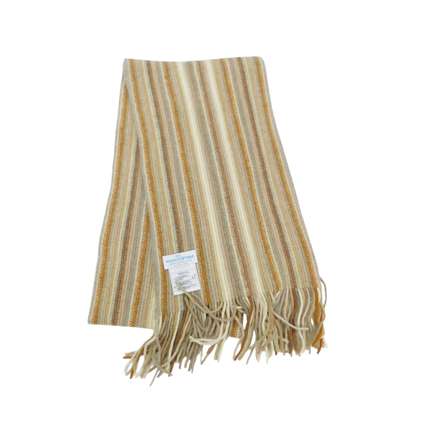 A striped knit scarf in beige, cream, and mustard yellow with fringed ends and a small white product tag, shown on a plain white background.