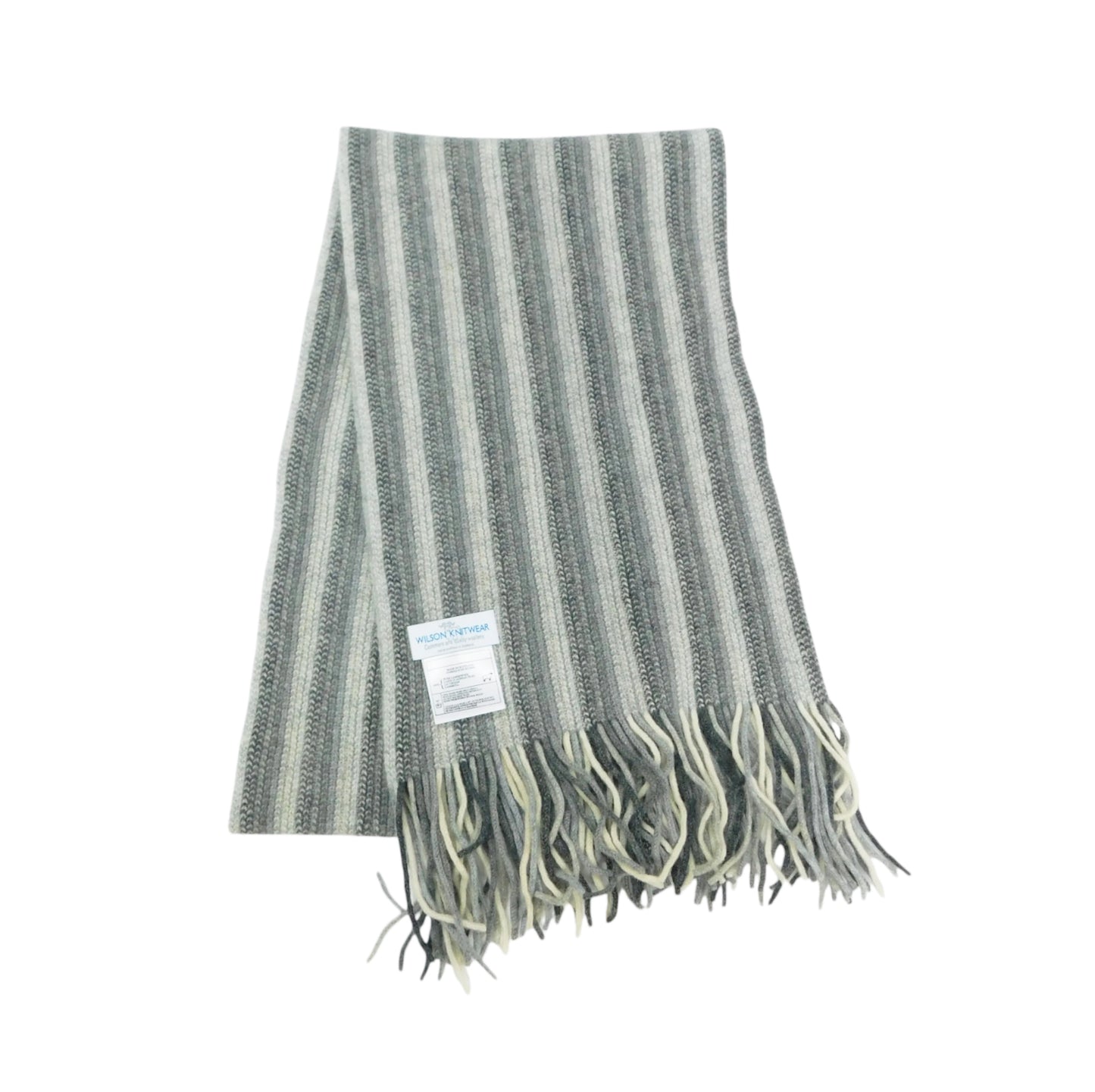 A striped knit scarf in muted gray, sage green, and cream with fringed ends and a small sewn-in label, shown on a plain white background.