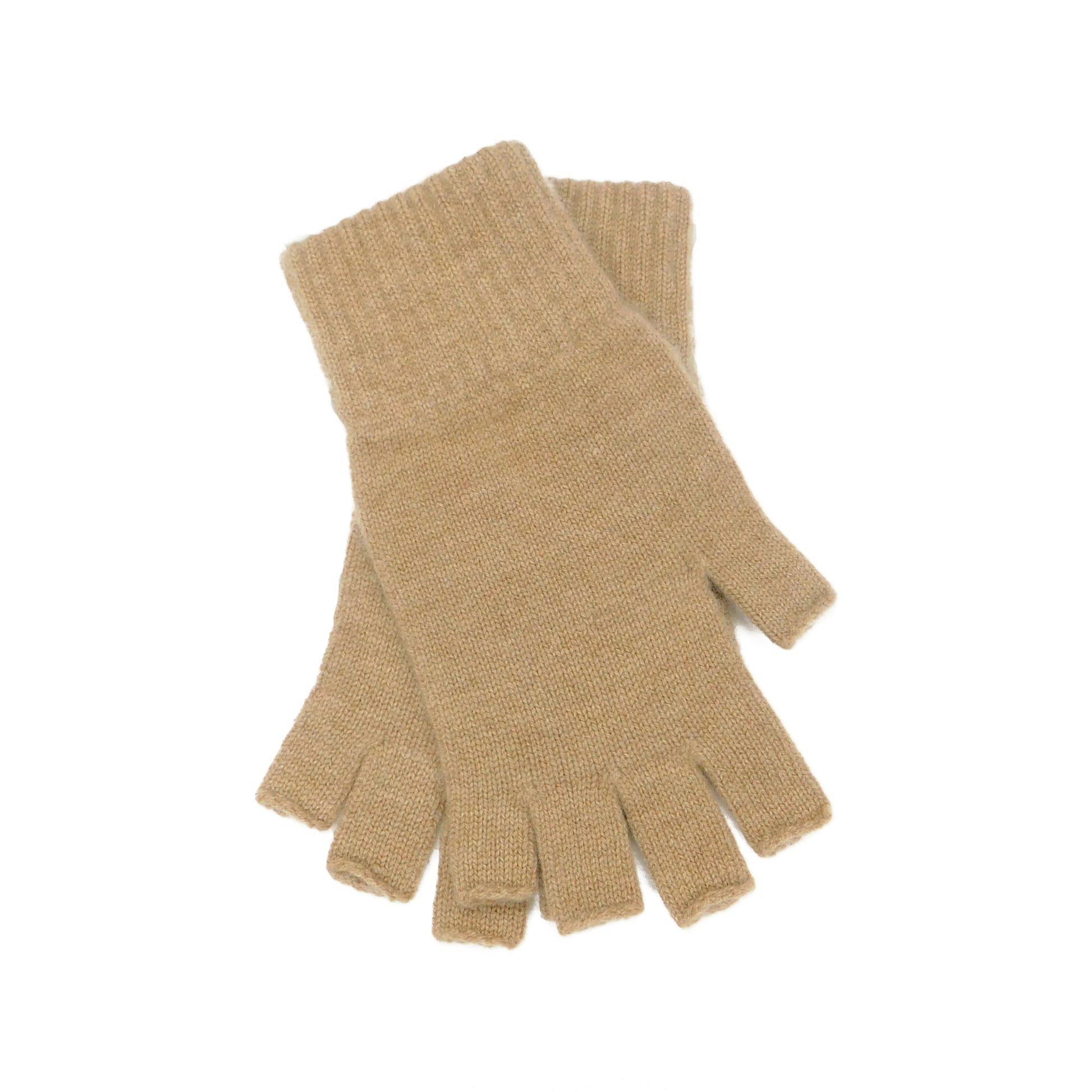 Pair of beige fingerless cashmere gloves on a white background