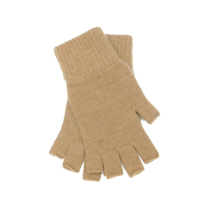 Pair of beige fingerless cashmere gloves on a white background