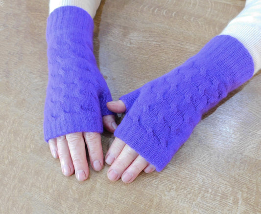 Ladies Pure Cashmere Long Cable Wristwarmers with separate thumb - Hand-crafted in Hawick, Scotland