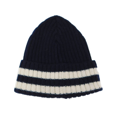 Unisex Lambswool Ribbed Beanie — Contrast Double Stripe Brim | Handcrafted in Hawick | One Size