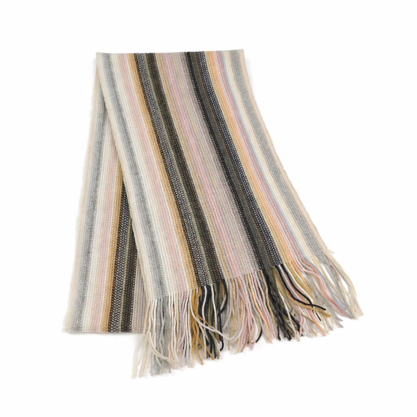 Cashmere striped scarf with fringes on a white background
