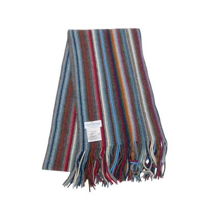 A multicolor striped knit scarf with fringed ends, featuring vertical stripes of blue, red, orange, yellow, green, and gray, with a white product tag attached.