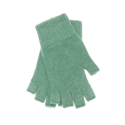Scottish Cashmere Collection sage green fingerless gloves in pure cashmere with a ribbed cuff, handcrafted in Scotland.