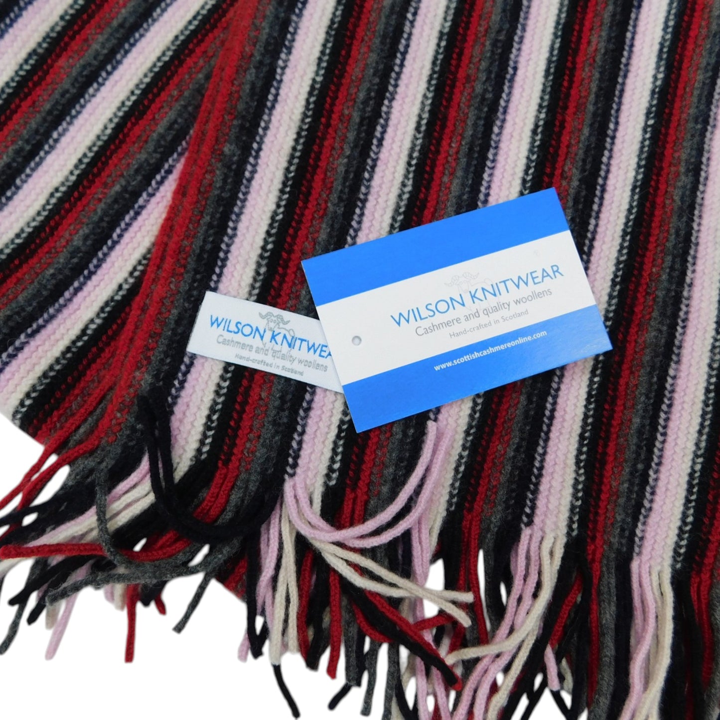 Streifenschal, mehrfarbig gestreift aus Lammwolle – kettengestrickt in Hawick, Schottland