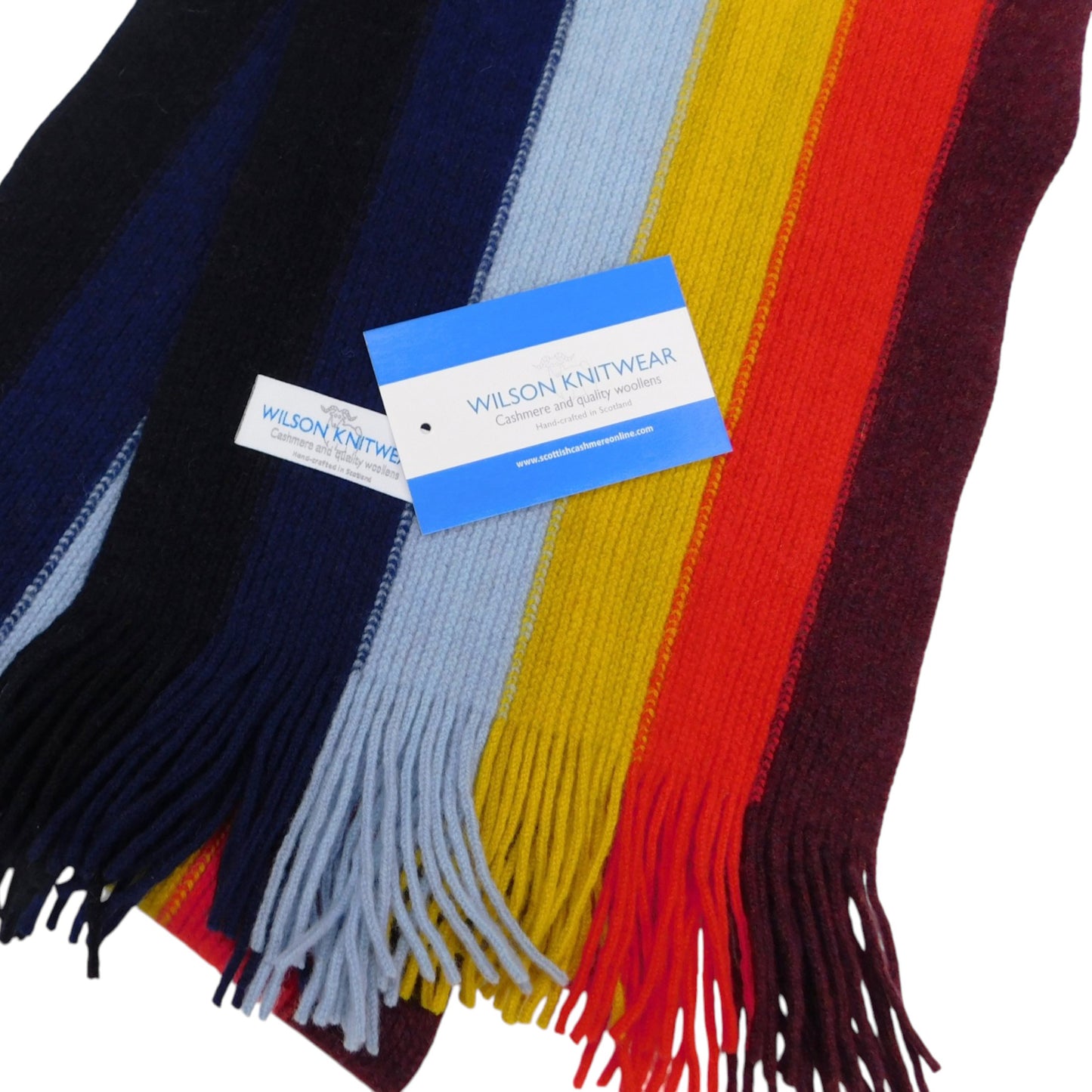 Lambswool Multi- Coloured Wide Striped Scarf — Hand-Crafted in Hawick | Warp-Knitted