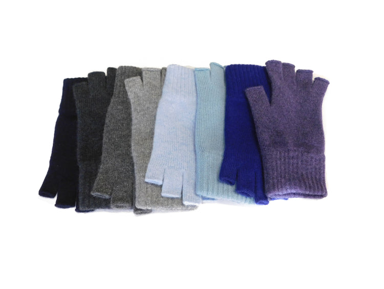 Gants sans doigts en pur cachemire pour femmes - Bleus, gris, noirs et violets - Fabriqués à la main à Hawick, en Écosse